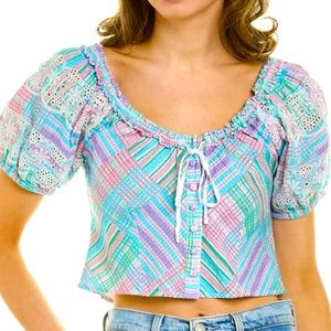 LoveShackFancy x Free People Izetta Sm & Med Blue Gingham On / Off Shoulder Crop